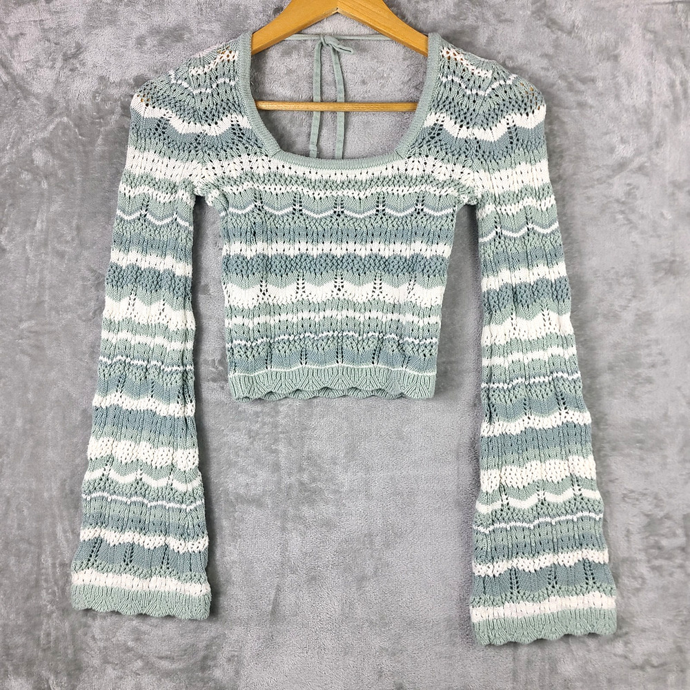 Hollister Crochet Crop Long Flare Sleeve Top Green Festival Boho Hippie Size XS